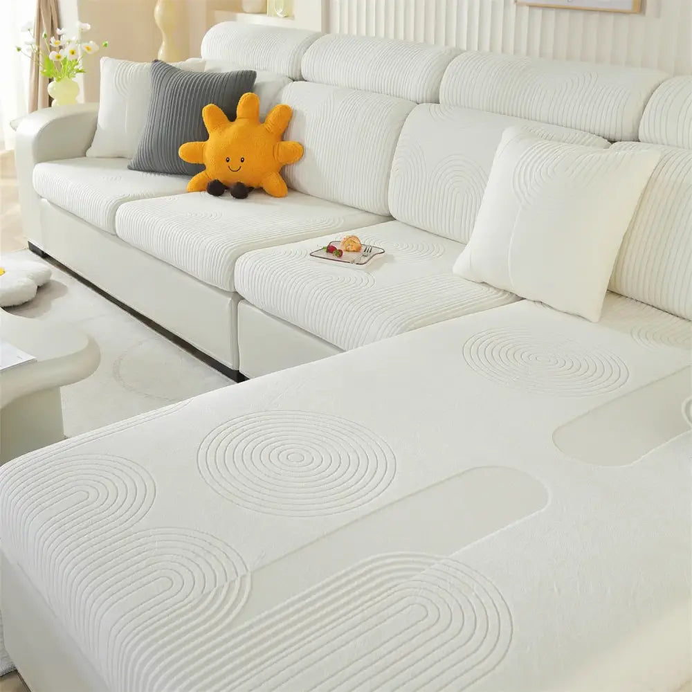 White textured polar fleece modular sofas cover with circular embossed patterns for living room accent chairs and modular sofas