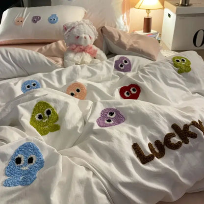 White duvet cover with colorful plush embroidered cartoon faces and lucky stitch in gray cotton cartoon towel bedding set decorbites cotton cartoon