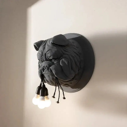 Dark gray decorbites bulldog led wall lamp with three exposed bulbs hanging from mouth for living room wall lamp