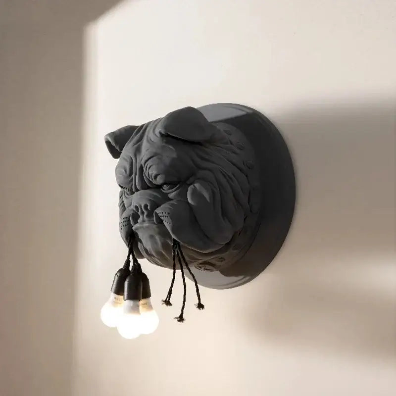 Dark gray decorbites bulldog led wall lamp with three exposed bulbs hanging from mouth for living room wall lamp