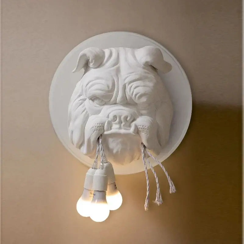 White sculpted bulldog led wall lamp by decorbites with three exposed bulbs for living room decor