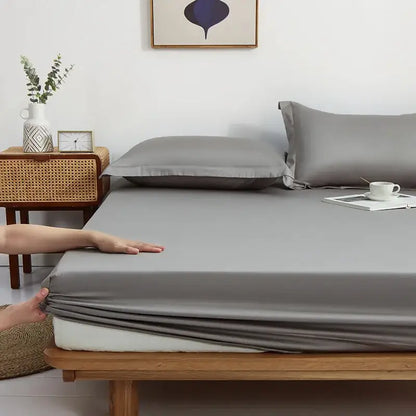 Gray decorbites cotton fitted sheet set featuring a smooth gray satin fitted sheet with neatly tucked edges for bedroom bedding