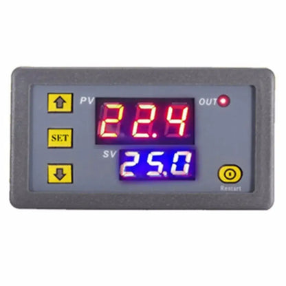 Gray digital temperature controller thermostat with red and blue led displays and yellow buttons on gray plastic housing