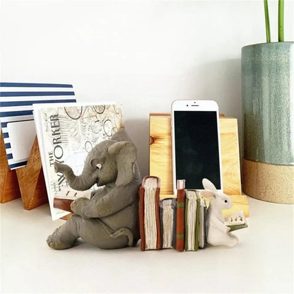 Gray ceramic elephant bird rabbit figurines decorbites bookend with whimsical seated design holding open book for living room decor