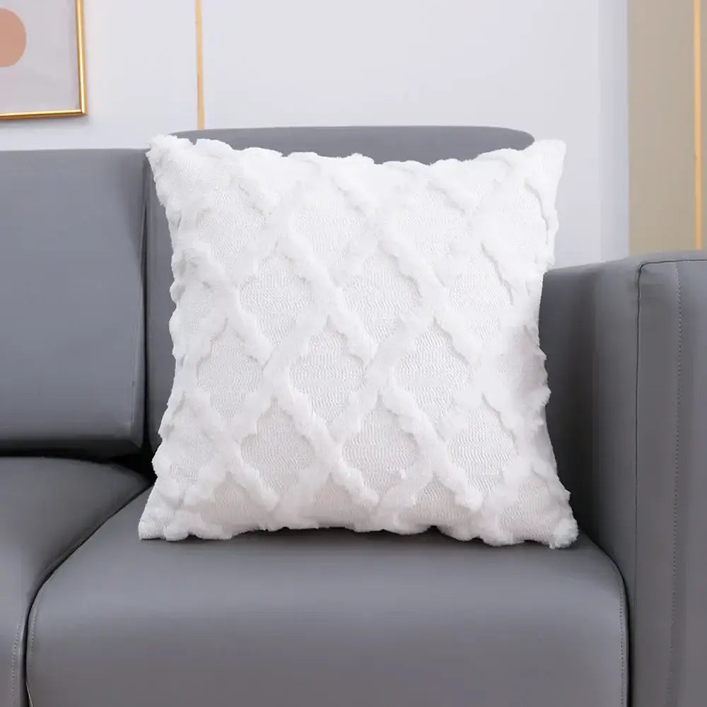 White textured cushion cover with diamond-patterned knit design featuring decorbites fluffy embroidery for living room decor