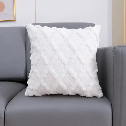 White textured cushion cover with diamond-patterned knit design featuring decorbites fluffy embroidery for living room decor