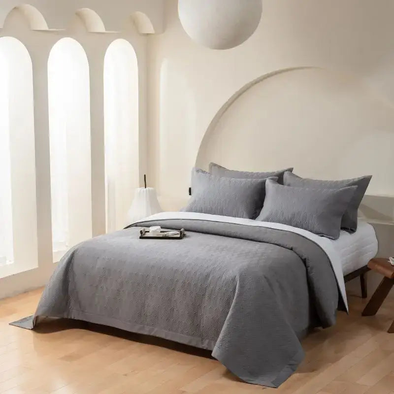 Gray geometric quilted egyptian cotton bedspread set with textured duvet cover pillows and white bed skirt