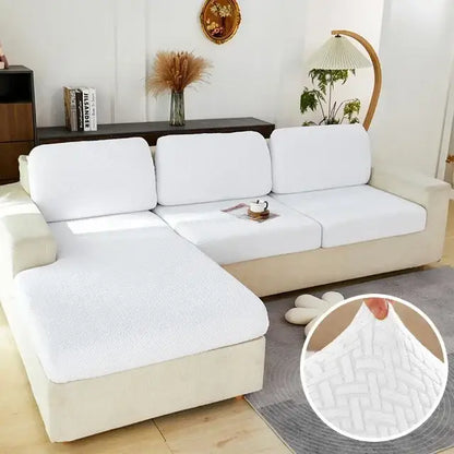 White textured fabric sofa cover with woven pattern for living room furniture protection and gray herringbone stretch seat cover