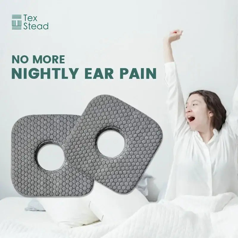 Gray hexagonal textured ear hole sleeper pillow by tex stead providing decorbites comfort and ear pain relief pads
