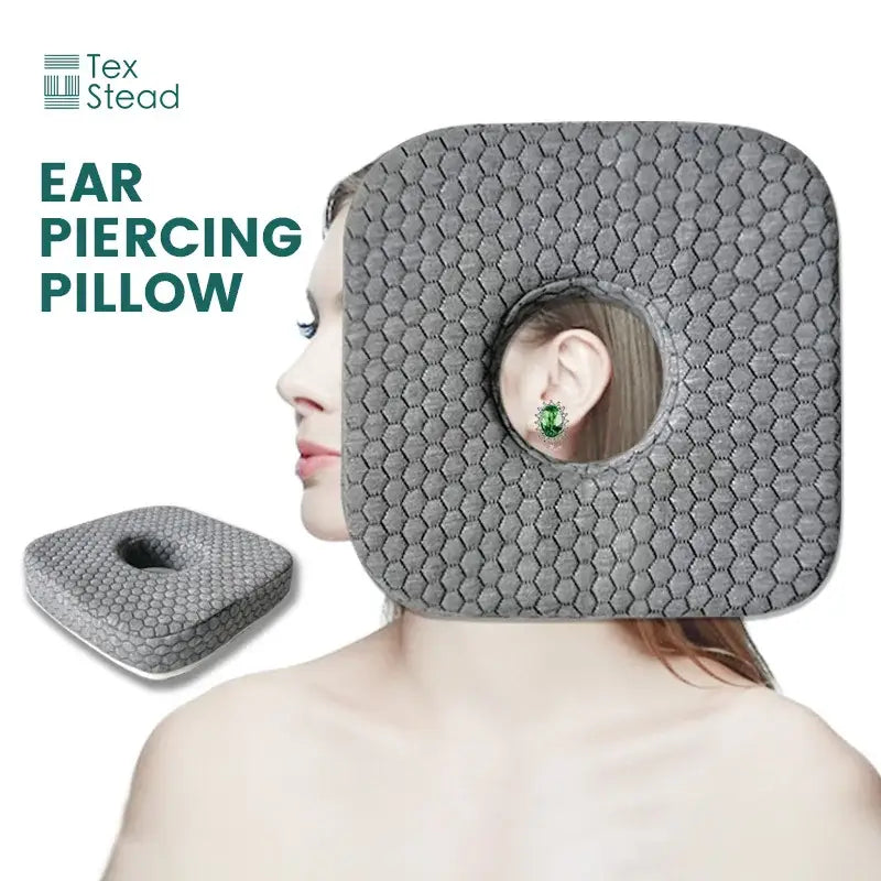 Gray hexagonal textured ear hole sleeper pillow by tex stead designed for decorbites comfort in the bedroom