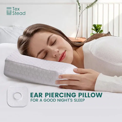 White textured ear hole sleeper pillow with gray hexagonal pattern and soft contours for decorbites comfort support