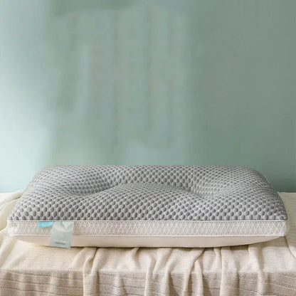 Gray ice rayon cooling pillow with honeycomb-textured memory foam and white stitched border for cervical neck support