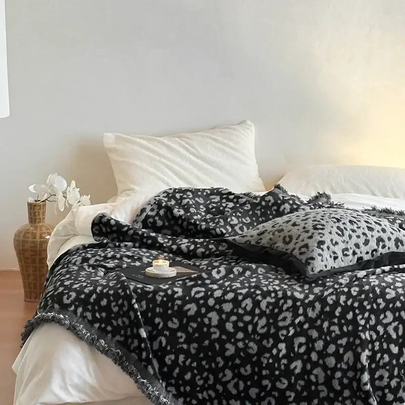 Gray leopard print luxury mink fur throw blanket with frayed edges for bedroom decorbites leopard print style