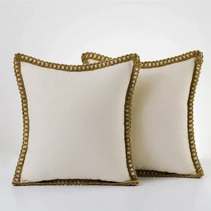 Cream-colored linen square throw pillow covers with textured olive-green crochet border for decorbites bedroom decor