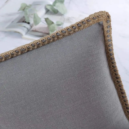 Gray linen square throw pillow cover with textured earth-toned crochet border for decorbites linen square pillow covers