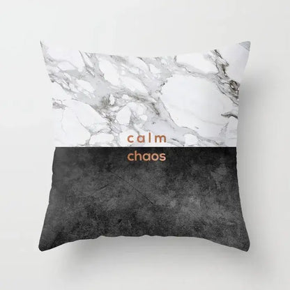 Square throw pillow case with gray marble top half and black agate textured lower half for living room decor