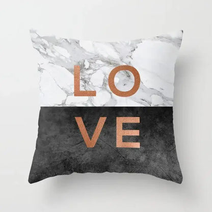 Gray marble and black agate pillow case with rose gold love lettering for living room decor