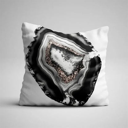 White throw pillow case featuring black agate and gray marble geode design with silver glittery accents for living room decor