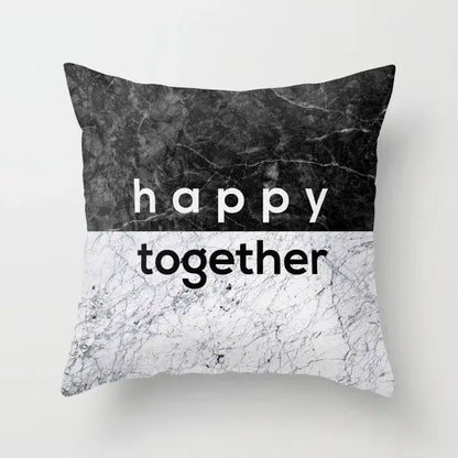 Black and white marble patterned gray marble and black agate pillow case with happy together text for living room decor