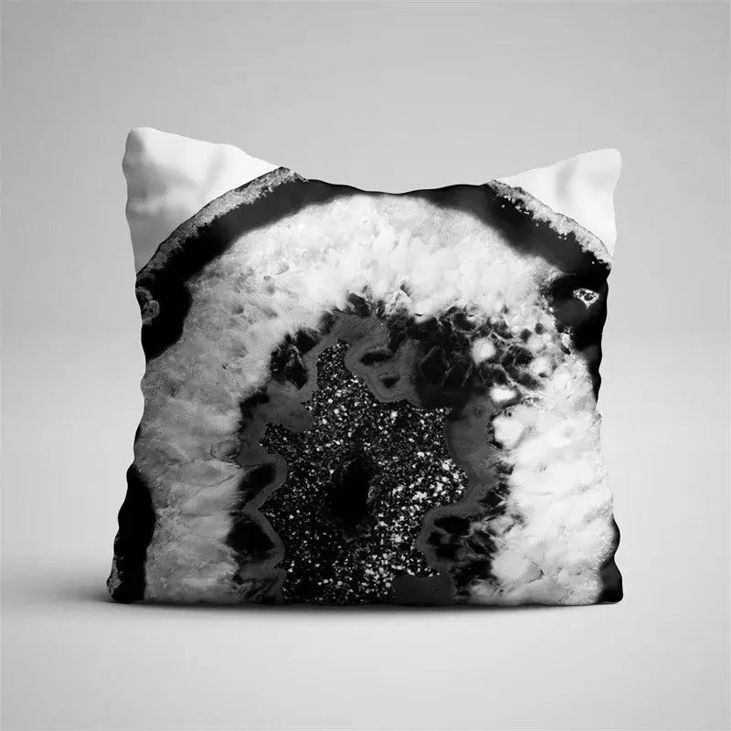 Black and white geode-themed pillow case with gray marble and black agate design for living room decor