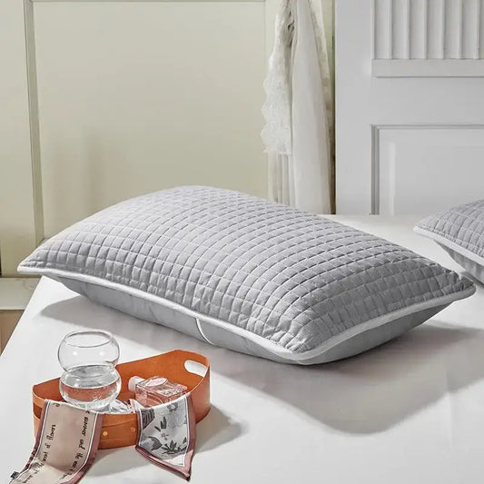 Gray quilted cotton pillowcase shield with subtle grid pattern and white piping for bedroom sweat protection decorbites cotton pillowcase