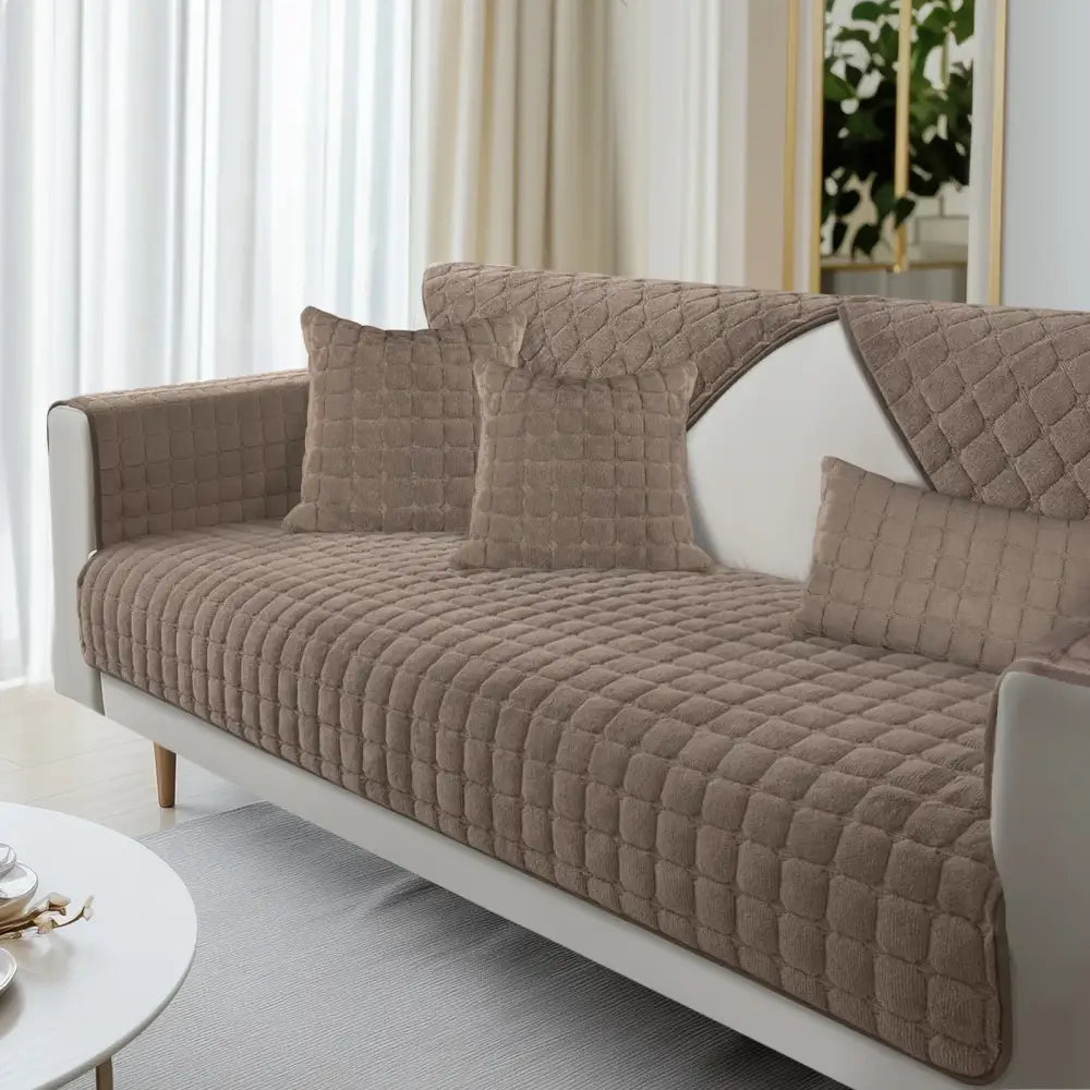 Beige quilted velvet sofa cover with matching pillows for gray quilted velvet plaid sofa living room protector