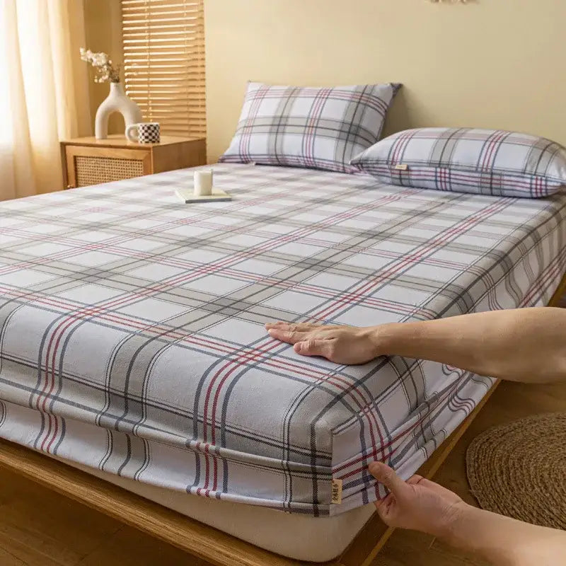 Gray red and black plaid cotton sheet set with soft fabric texture featuring a fitted sheet from decorbites coarse cloth