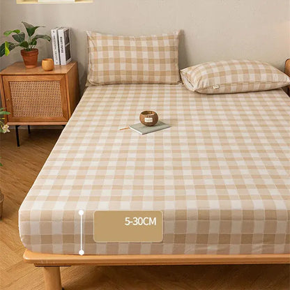 Beige and white checkered fitted sheet with smooth glossy fabric finish in gray red and black plaid cotton sheet set decorbites coarse cloth