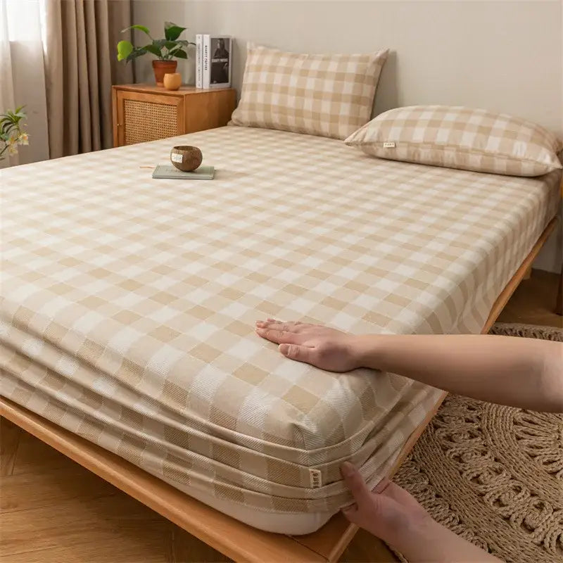 Beige and white checkered fitted sheet with soft woven texture in gray red and black plaid cotton sheet set decorbites coarse cloth