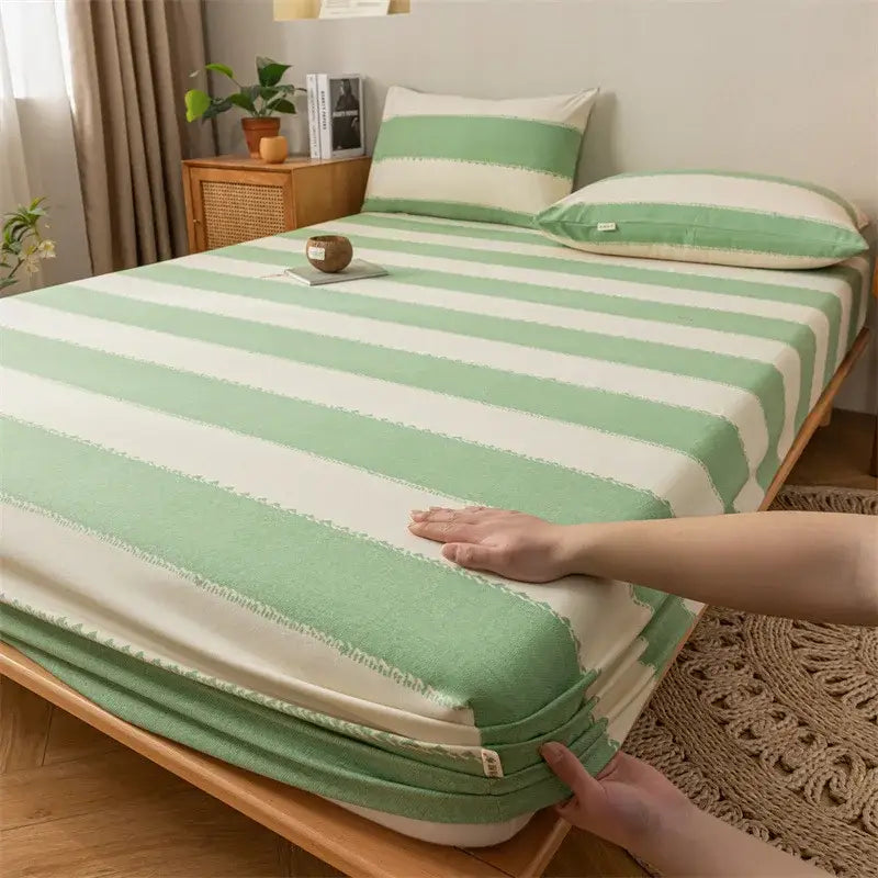 Green and white striped textured woven fabric fitted sheet from gray red black plaid cotton sheet set by decorbites coarse cloth