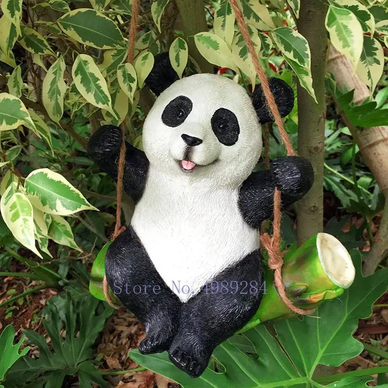 Adorable black and white panda garden sculpture made of resin hanging on green bamboo stalk for outdoor decorbites cartoon koala decor