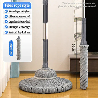 Gray silver easy spin mop with gray fiber rope microfiber head stainless steel rod and hangable storage for kitchen floors