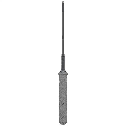 Gray silver easy spin mop with microfiber head and gray rope-handled metallic pole for kitchen floors spin mop