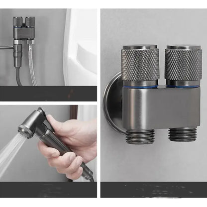 Gray stainless steel bidet faucet set with modern brushed dual-function spray and textured knurled knobs for bathroom use