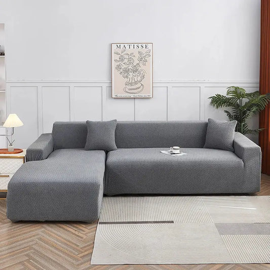 Gray textured jacquard sofa cover with matching pillows by decorbites for living room sofa protection and style