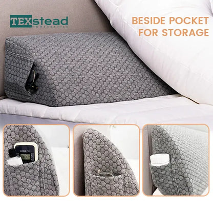 Gray hexagonal textured memory foam bed wedge pillow with side pocket for storage and mattress gap filler