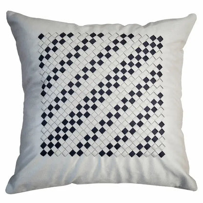 A square white cushion with a bold black and white woven diamond pattern gray faux rex rabbit fur decorbites gray faux cover