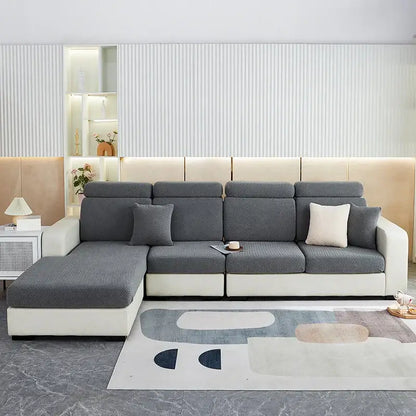 Modern l-shaped sectional sofa with white frame and gray decorbites jacquard velvet sofa cover and contrasting pillows