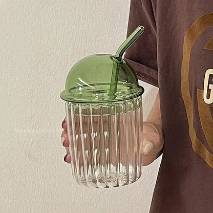 Green 450ml striped glass cup with lid and straw made of translucent green glass by decorbites for kitchen use