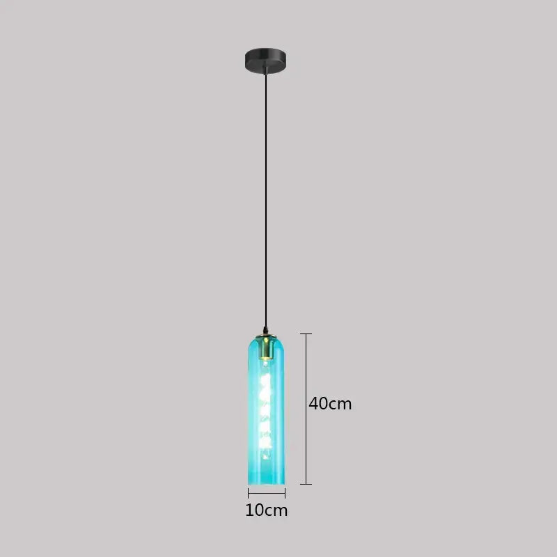 A sleek 40cm tall green glass nordic pendant light with translucent turquoise shade and black metal hardware