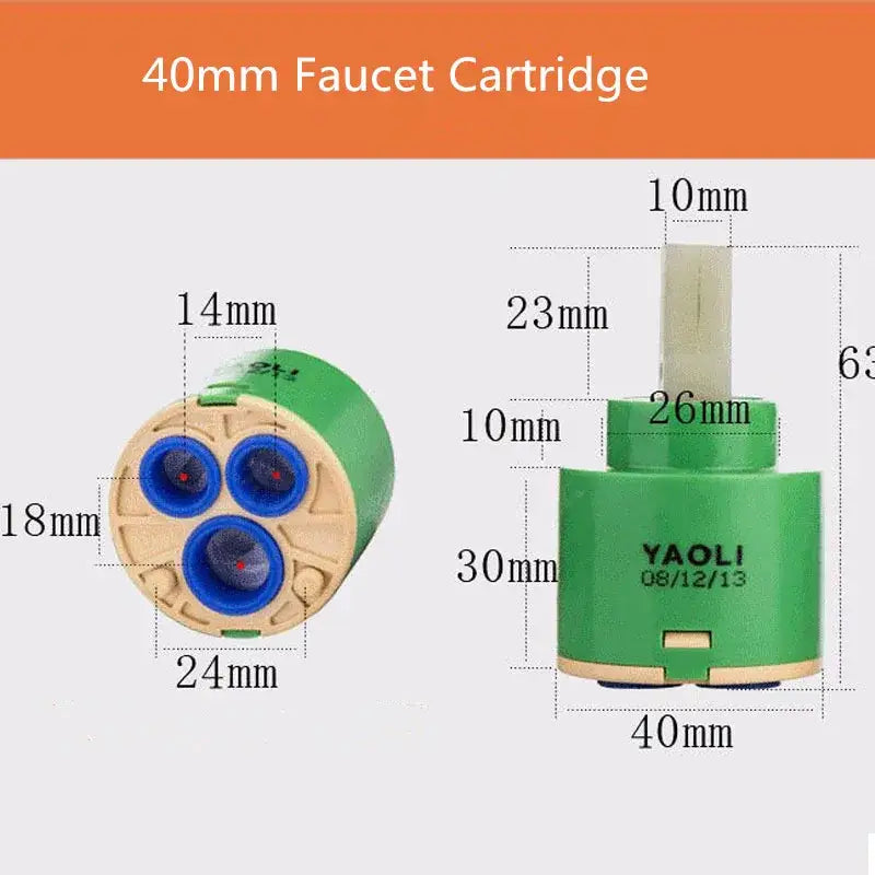 Green and beige 40mm ceramic faucet cartridge with blue internal components for kitchen valve replacement