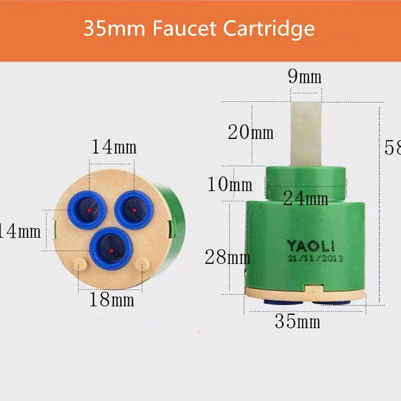 Green and beige 40mm ceramic faucet cartridge with three blue rubber seals for kitchen valve replacement