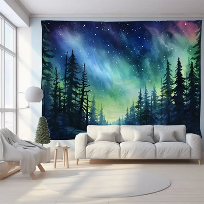 Green and purple mountain tapestry forest aurora featuring silhouetted pine trees under a vibrant starry sky