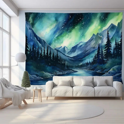 Green and purple mountain tapestry forest aurora featuring snow-capped mountains and evergreen trees for bedroom wall art