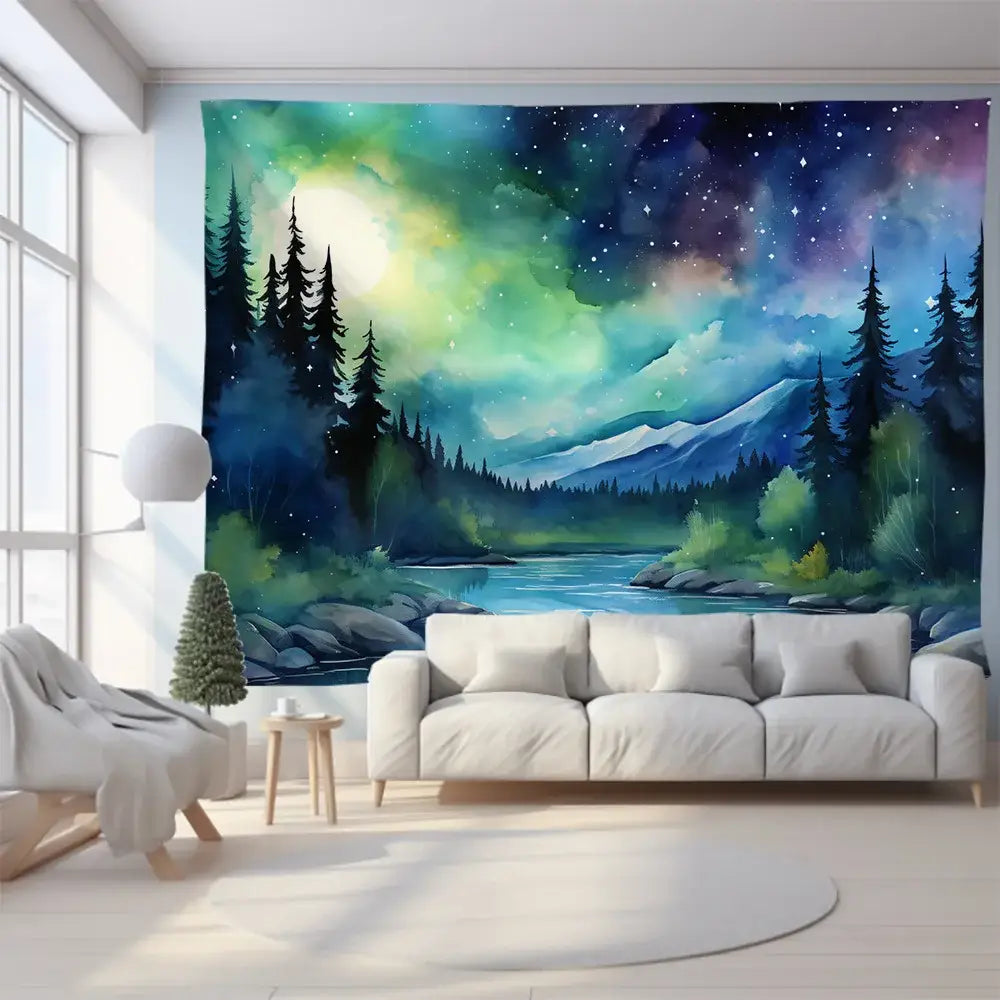 Vibrant green mountain tapestry forest aurora depicting starry night sky over pine trees and mountains for bedroom wall art