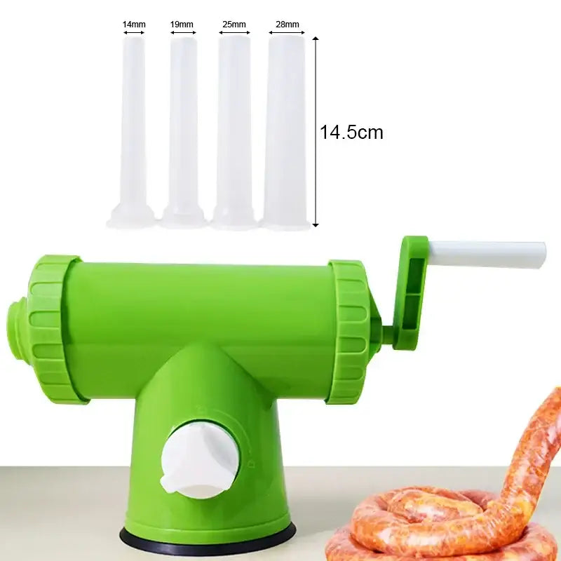 Bright green and white 2lbs plastic sausage maker with funnel tubes and white handle kitchen tool