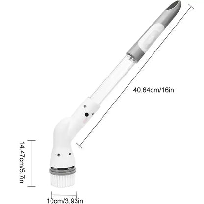 White and gray electric spin cleaner with transparent handle and ergonomic design for easy grip and kitchen floor scrubbing
