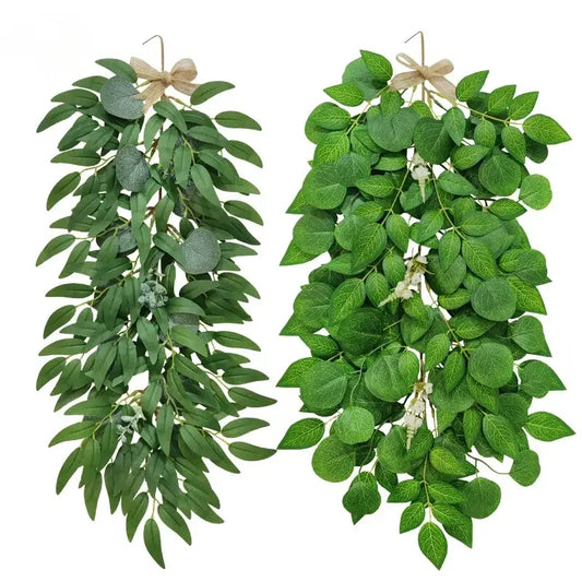 Two green and white eucalyptus artificial flowers bouquet garlands with beige ribbon bows for wedding decor by decorbites eucalyptus artificial