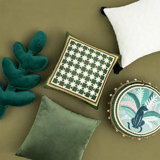 Square green and white geometric tufted embroidery cushion cover with star pattern and gold trim for living room decorbites decor