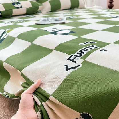 Green and cream checkered cartoon printed cotton bedspread with panda prints and funny script for bedroom decorbites decor